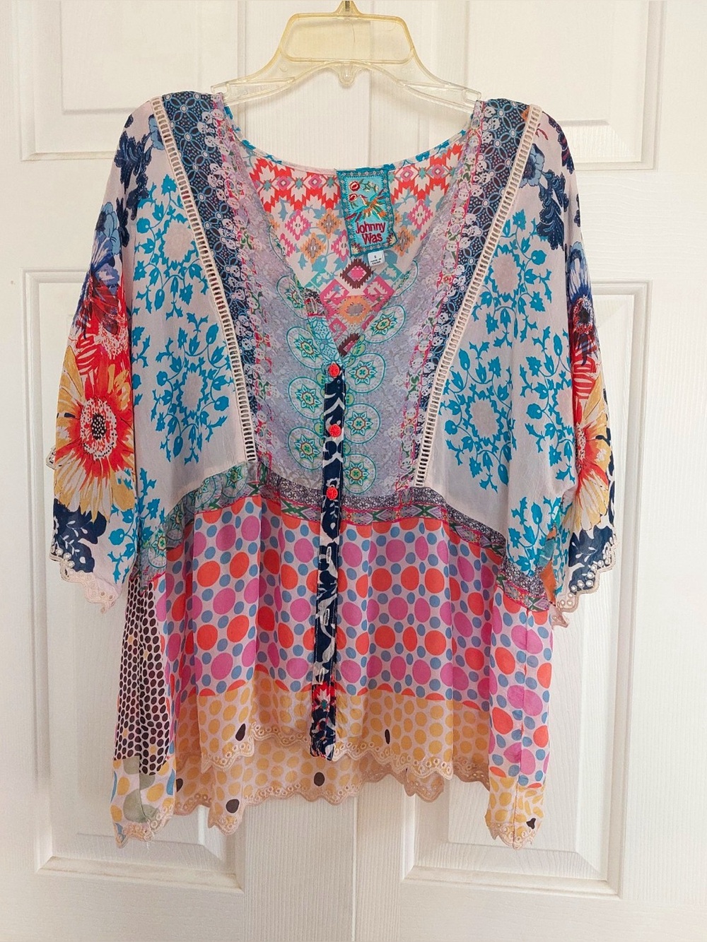 Johnny Was Silk Chiffon Tunic Blouse Multicolor Patchwork Embroidered